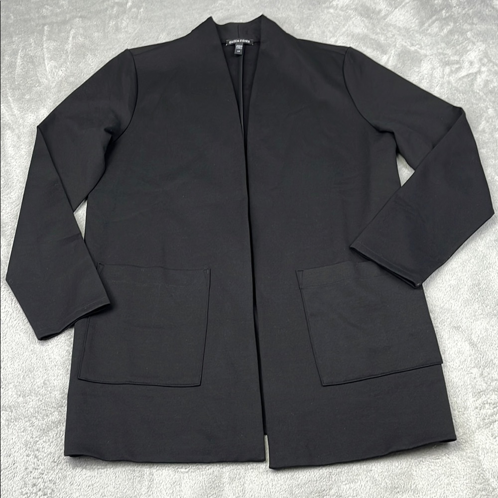 Eileen Fisher S Tencel  Flex‎ Ponte High Collar Jacket Black Open Front Blazer